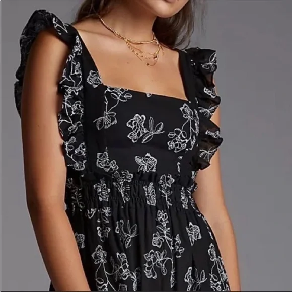 Anthropologie Especia Navy White Floral Embroidered Ruffle Maxi Dress Medium NWT - Picture 3 of 12